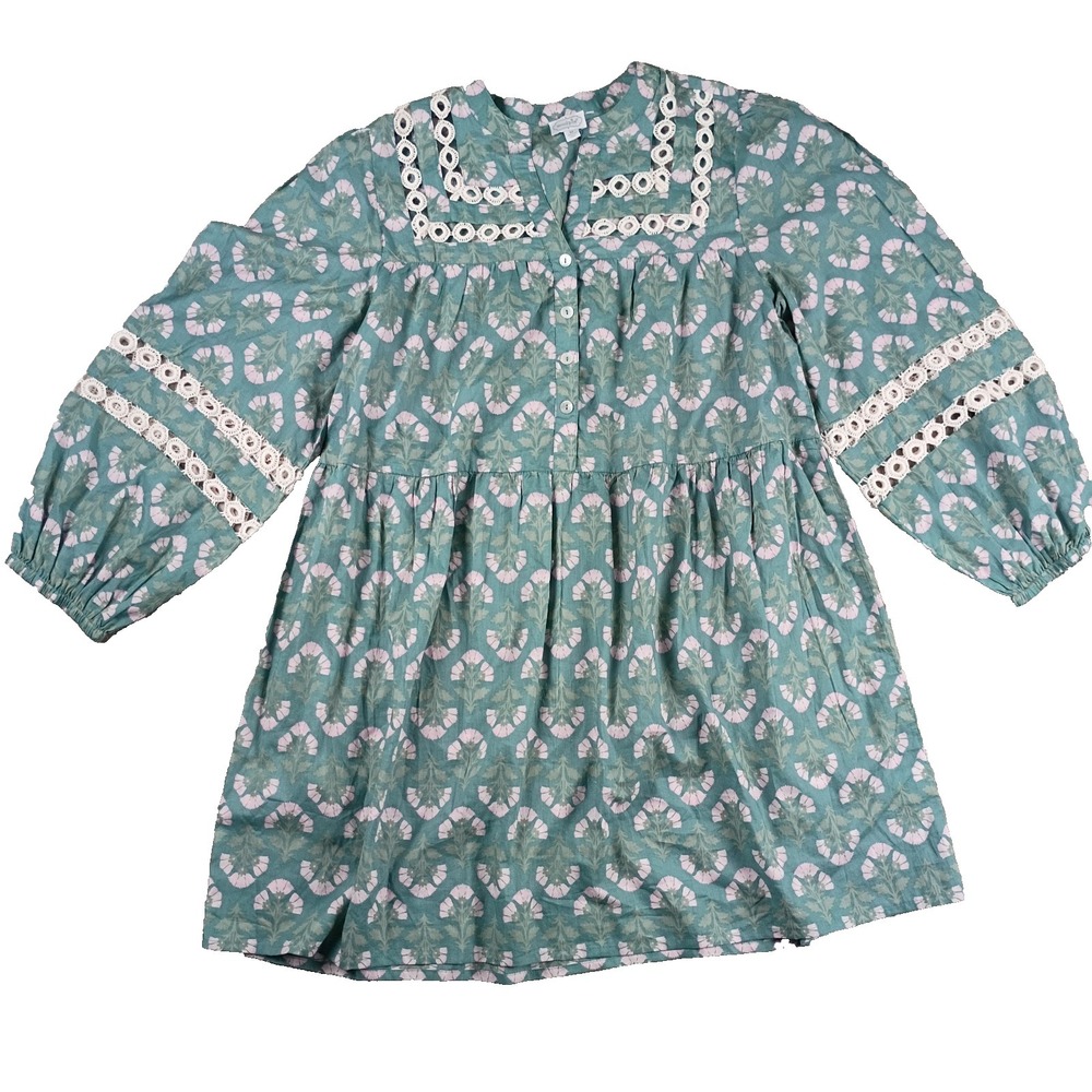 Mudpie Dress Women's Medium Green Floral Mini Buttons Eyelets Cottage Boho